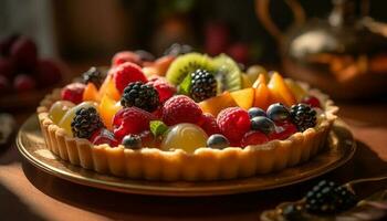 sucré baie Tarte sur en bois plaque, fait maison généré par ai photo