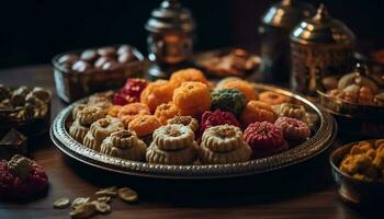 fait maison Chocolat framboise muffins sur rustique bois assiette généré par ai photo