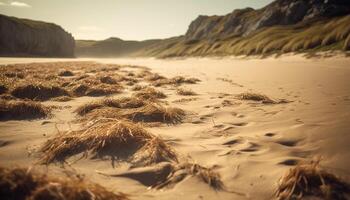 le coucher du soleil plus de le sable dunes, vagues crash au dessous de généré par ai photo