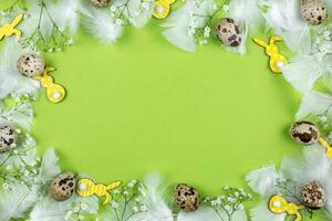 Pâques frontière plat allonger avec Caille œufs, printemps fleurs, Jaune lapins et blanc plumes sur une vert Contexte. Haut voir. copie espace. photo