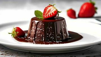Chocolat pudding avec fraise garnir sur assiette ai image génératif photo