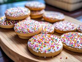 sucre biscuits avec saupoudrer sur en bois planche photo