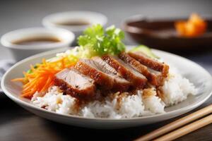 riz avec rôti porc et sauce sur une foncé Contexte. ai généré. photo
