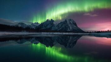 magnifique nord lumières au dessus Montagne et rivière. génératif ai photo