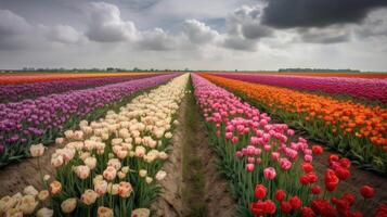 coloré ouvert champ avec magnifique tulipes. génératif ai photo