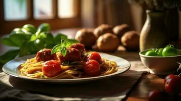 proche en haut vue de classique tomate spaghetti avec boulette de viande, italien plat. génératif ai. photo