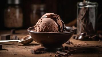 Chocolat la glace crème Balle sur en bois tableau. génératif ai photo