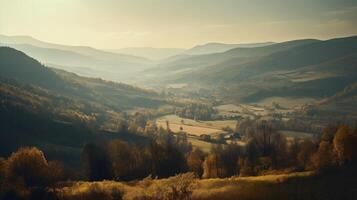 image de Montagne vallée avec montagnes et une forêt. génératif ai. photo