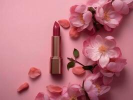 Haut vue de jolie rose rouge à lèvres sur rose Contexte avec fleurs. génératif ai photo