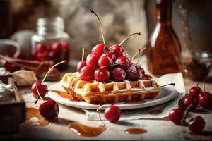 Frais fait maison gaufre avec cerise. génératif ai photo