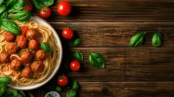 Haut vue de magnifique délicieux tomate spaghetti avec copie espace, célèbre italien plat. génératif ai photo