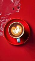 savoureux cappuccino café, rouge arrière-plan, génératif ai photo