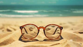 des lunettes dans le le sable de le plage. vacances scène avec lunettes de soleil sur le rive doubler. génératif ai. photo