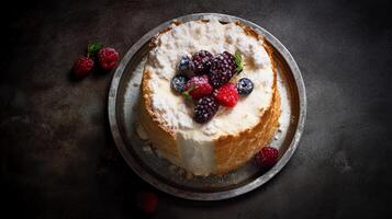 ange nourriture gâteau garni avec baies sur une rustique arrière-plan, ai généré photo