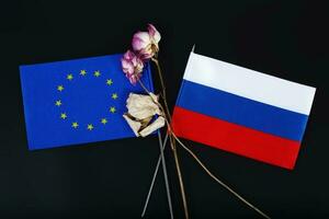 petit drapeaux de le européen syndicat et russe fédération et deux séché fleurs sur une noir surface. Contexte photo