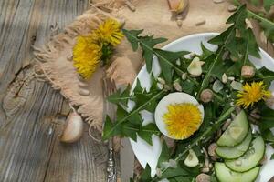 pissenlit salade sur une blanc plaque. photo