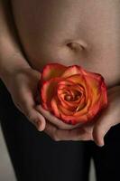 Jeune Enceinte femme garde Naturel Rose fleur proche à sa ventre. photo