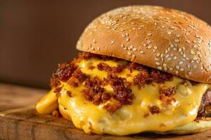 délicieux Hamburger avec fromage et Bacon tournage dans studio photo