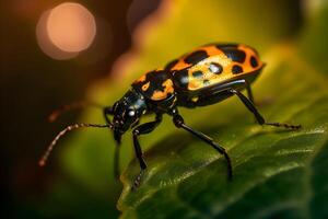 scarabée sur une feuille, macro la photographie, ai généré photo