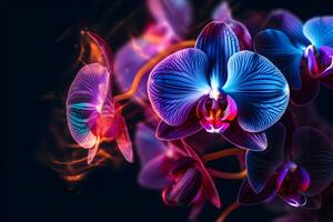 orchidée fleurs avec néon Couleur et foncé Contexte. ai généré photo