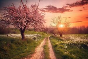magnifique printemps paysage avec épanouissement Cerise des arbres et route à le coucher du soleil ai généré photo