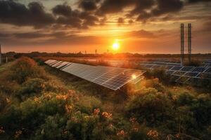 magnifique le coucher du soleil plus de solaire ferme avec le coucher du soleil dans le Contexte ai généré photo