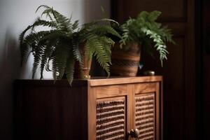 magnifique mis en pot fougère et accessoires sur en bois cabinet dans couloir. espace pour texte ai généré photo