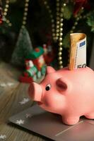 rose porcin banque avec billet de banque sur une portable. photo