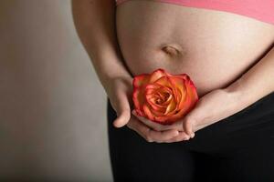 Jeune Enceinte femme garde Naturel Rose fleur proche à sa ventre. photo