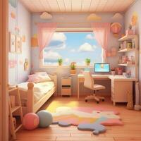 3d rendre de mignonne chambres avec bureau illustrations, mignonne des gamins chambre des illustrations photo