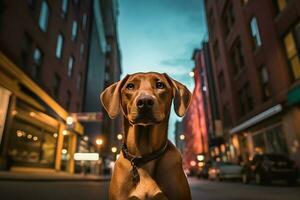 magnifique hongrois vizsla chien dans le ville à nuit. génératif ai illustration. photo