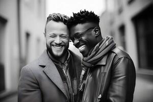 portrait de une content gay couple dans le lgbtq communauté, mettant en valeur leur l'amour et unité. des moments de joie, rire, et lien entre les partenaires et famille membres. génératif ai illustration. photo