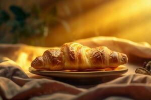 boulangerie boisson croissant nourriture tasse petit déjeuner table Contexte Matin bokeh Contexte repas. génératif ai. photo