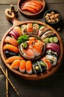 rouleau poisson nourriture Sushi riz Fruit de mer ensemble Japon Japonais repas. génératif ai. photo