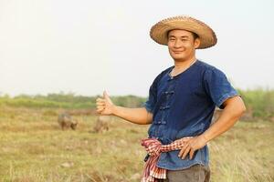 Beau asiatique homme agriculteur porte chapeau, bleu chemise, les pouces en haut à animal cultiver. concept, bétail, thaïlandais Les agriculteurs élever et prendre se soucier buffles comme économique et exportation animaux. photo