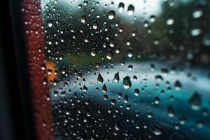 ai génératif gouttes de pluie sur le fenêtre, abstrait arrière-plan, l'eau gouttes sur verre photo