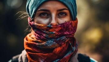 souriant Jeune femme dans foulard jouit la nature généré par ai photo