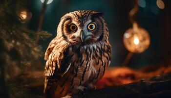 génial cornu hibou séance sur illuminé branche généré par ai photo