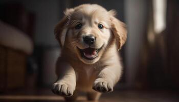 mignonne chiot séance, à la recherche à caméra à l'intérieur généré par ai photo