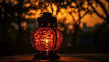antique lanterne embrasé dans foncé l'automne nuit généré par ai photo