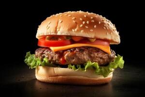ai génératif gros savoureux cheeseburger avec du boeuf petit pâté, tomate et salade sur noir Contexte photo