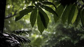 une proche en haut de le lourd pluie chute sur le dense forêt feuilles, création gouttelettes et éclaboussures sur leur lisse et brillant surfaces ai génératif photo