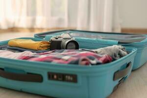 voyageur. en train de préparer une caméra pour Voyage et la photographie. femmes sont préparer vêtements et personnel affaires. pack votre bagage avant Voyage. vacances, vacances temps, longue fin de semaine, été photo