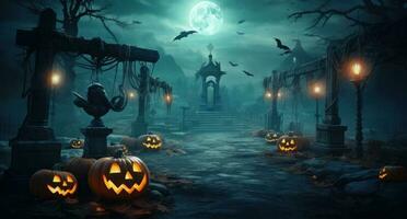 Halloween scène avec jackolanterns, des fantômes, et squelettes illustration ai génératif photo
