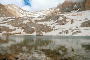 Montagne Lac dans la glace avec haute pics paysage photo