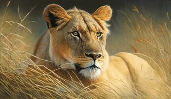 majestueux lionne regarde vers le bas caméra exsudant agression généré par ai photo