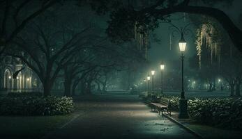 foncé forêt effrayant nuit une solitaire silhouette des promenades généré par ai photo