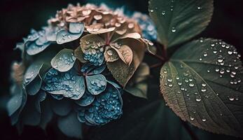 fragile pétales de une couvert de rosée rose hortensia généré par ai photo