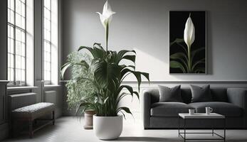 intérieur plante sur moderne vase par fenêtre canapé généré par ai photo