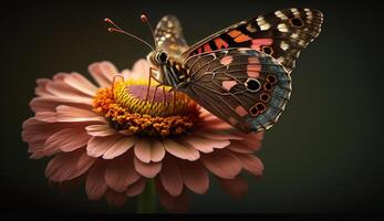 fragile papillon avec multi coloré ailes sur Jaune fleur généré par ai photo